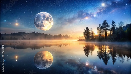 Serene nighttime landscape featuring a glowing full moon suspended above a misty, starry sky, reflected in a calm lake's glassy surface, evoking celestial wonder. photo