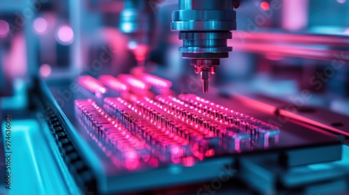 A close-up of a robotic machine soldering electronic components on a circuit board, illuminated by vibrant neon lighting, showcasing advanced electronics manufacturing technology. 