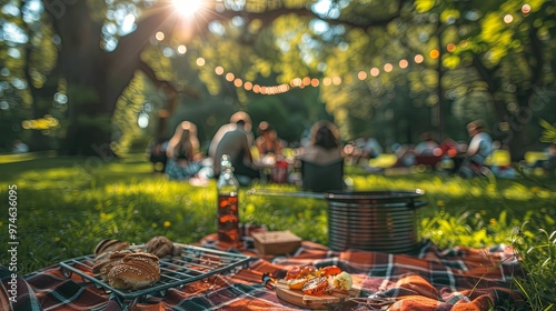 A Picnic Blanket Laid Out in a Sunny Forest with Blurred Friends in the Background photo