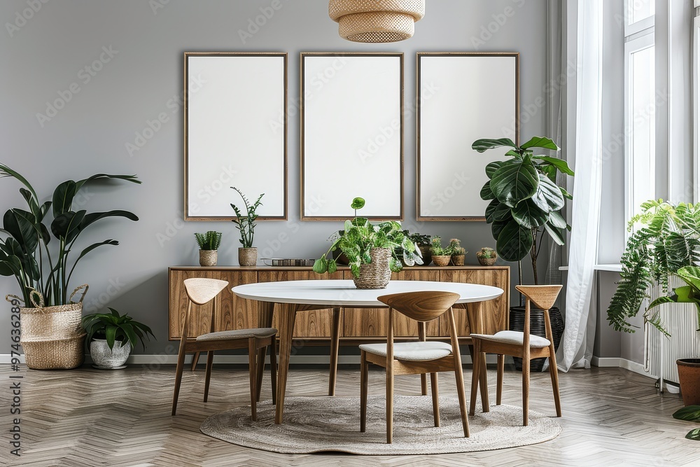 Fototapeta premium Scandinavian style dining room with grey walls, wall art frames, Scandinavian furniture, wooden sideboard, round white table, and chairs. Minimalistic design with natural lighting.