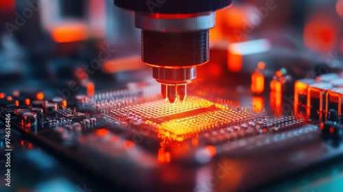 Precision Laser Cutting on a Silicon Wafer. The laser head is focused on the wafer, performing intricate cuts required for semiconductor manufacturing.  photo