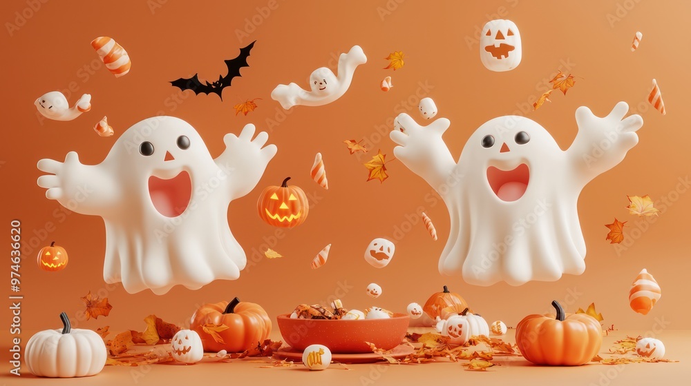 Obraz premium Happy Halloween Ghosts and Pumpkins D Render