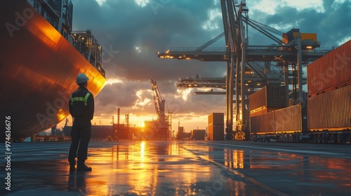 low angle view of realistic the big shipyard, a lot of storage, loading crane, truck, realistic twilight sky on background.