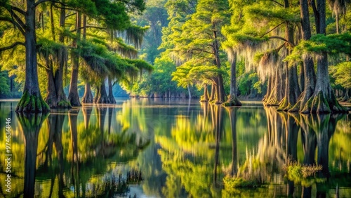 Serene summer morning scene of moss-draped cypress trees reflected in the tranquil waters of the Tallahatchie River, Mississippi, surrounded by lush green vegetation. photo