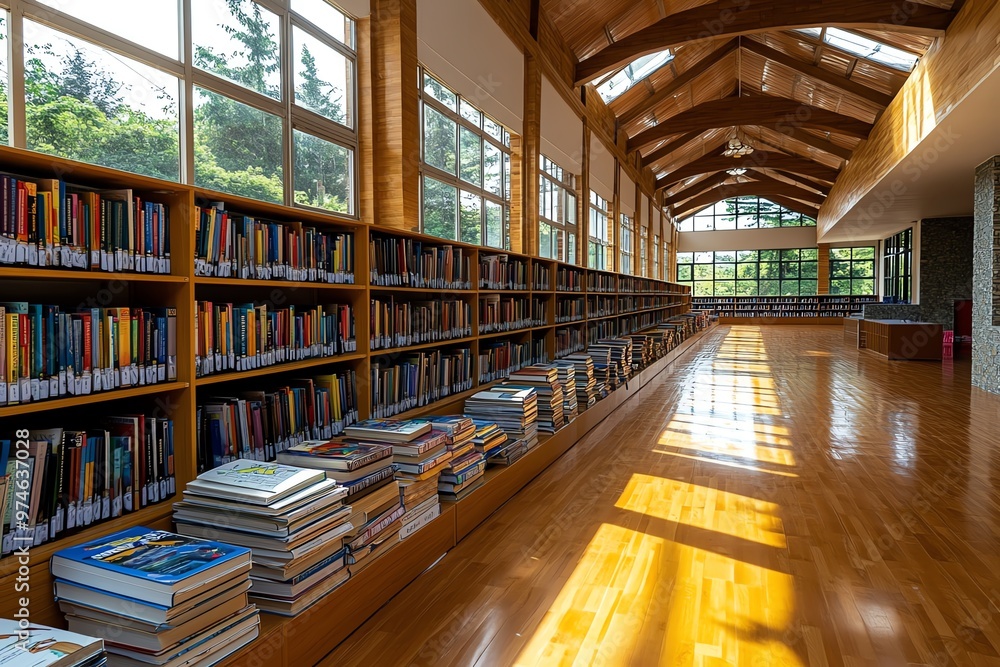 A rural school library filled with books, with sunlight streaming in through the windows A rural school library filled with books, with sunlight streaming in through the windows