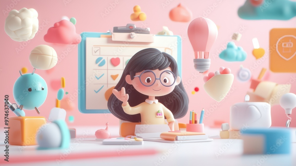 Cute Girl Character with Light Bulb Idea and Checklist Cute Girl Character with Light Bulb Idea and Checklist