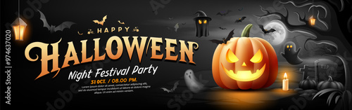 Happy Halloween message text design, Pumpkins, Scary tree, ghost, bat flying, banner on black background, Eps 10 vector illustration
