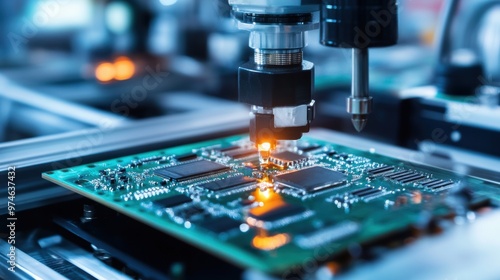 Precision Laser Cutting on a Silicon Wafer. The laser head is focused on the wafer, performing intricate cuts required for semiconductor manufacturing.  photo