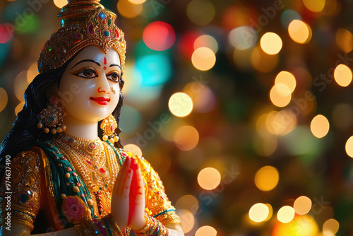 Indian festival ,Goddess Lakshmi a colourful and beautiful statue ,lighting bokeh