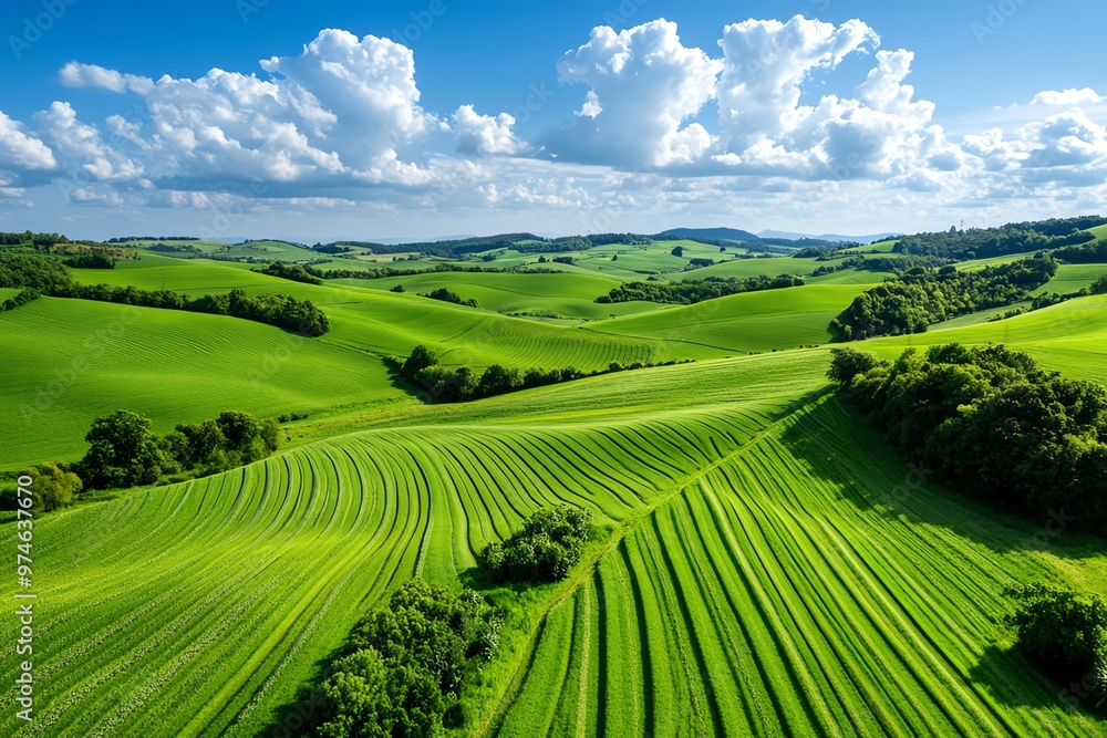 Fototapeta premium A scenic view of rolling hills and vast fields of crops on a peaceful rural farm