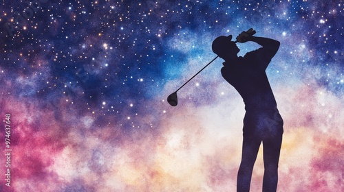 A golfer swings against a captivating cosmic backdrop filled with vibrant stars and colorful nebulae, merging sport and space.