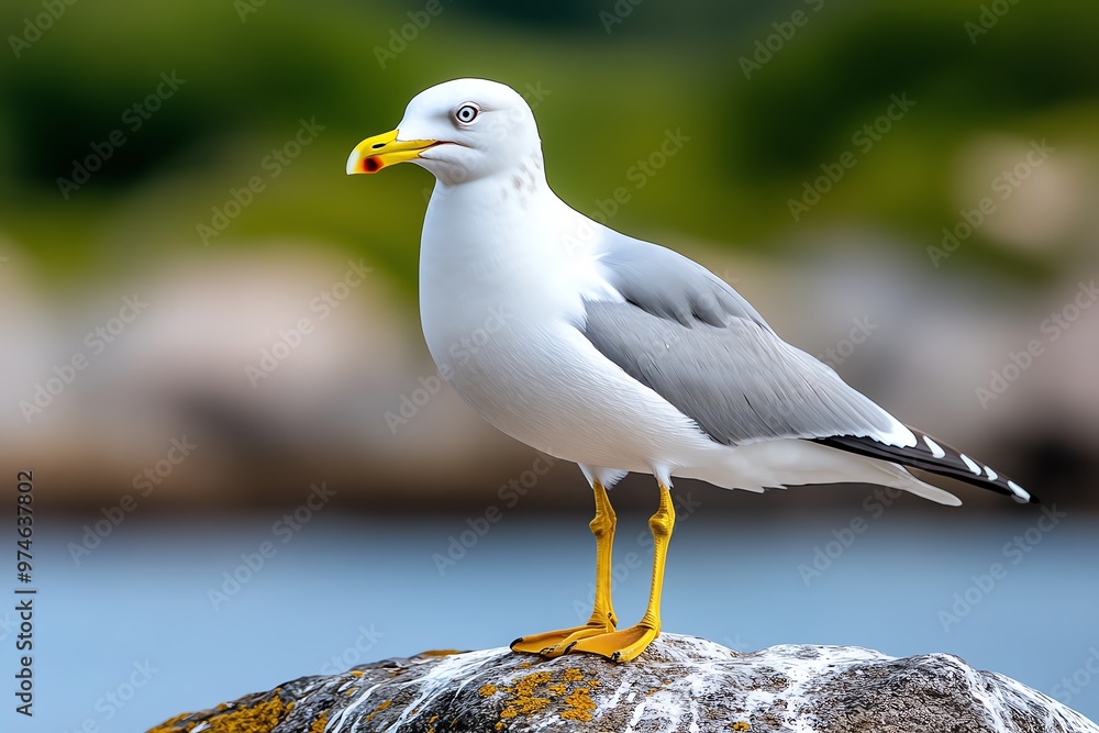 Fototapeta premium A seagull standing proudly on a rock, a fish gripped firmly in its beak after a successful dive