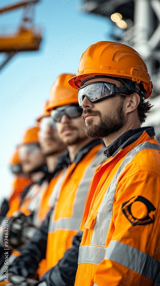 Fototapeta premium A group of construction workers in hard hats and safety glasses stand in a line, looking determined and ready for work.