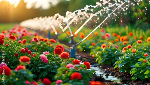 Innovative Irrigation System Nurturing Vibrant Flower Garden with State-of-the-Art Technology Under a Sunny Sky for Sustainable Agriculture and Crop Efficiency