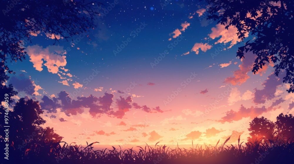 A beautiful sunset with a sky full of clouds and a field of grass A beautiful sunset with a sky full of clouds and a field of grass