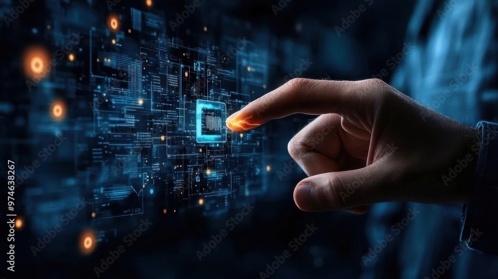 A hand is pointing at a computer chip A hand is pointing at a computer chip