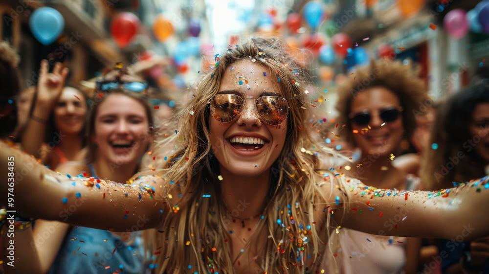 Friends celebrate joyfully at a vibrant street festival surrounded by balloons and confetti during the summer Friends celebrate joyfully at a vibrant street festival surrounded by balloons and confetti during the summer