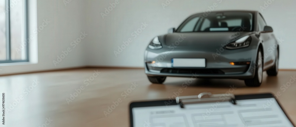 An electric car parked in a garage with a safety inspection checklist visible in the foreground An electric car parked in a garage with a safety inspection checklist visible in the foreground