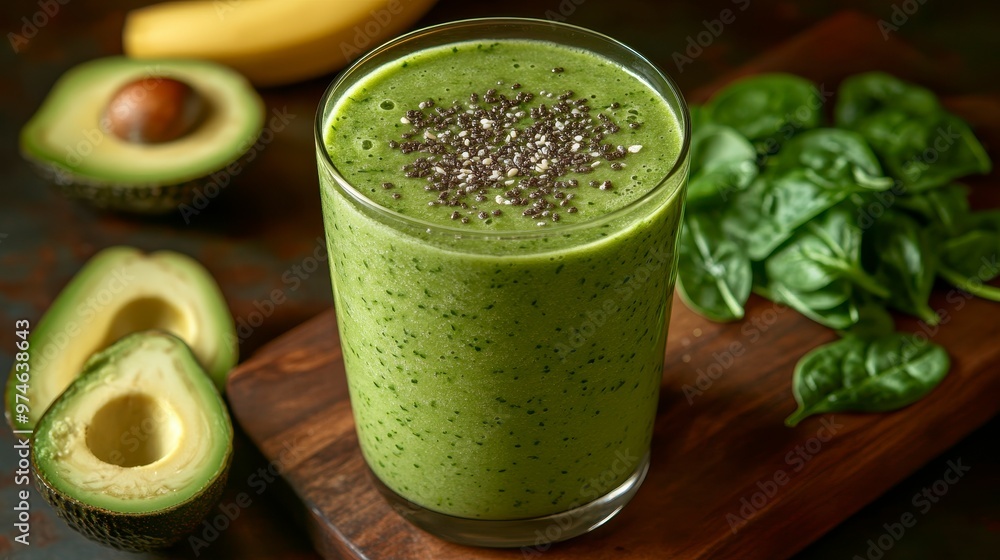 A green smoothie made with avocado, spinach, and topped with chia seeds. A green smoothie made with avocado, spinach, and topped with chia seeds.