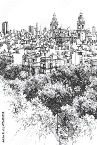 Cordoba, Argentina, black and white pen pencil hand-drawn effect portrait drawing illustration for travel poster, card, wallpaper, backdrop or banner. Modern, clear, artistic and simple