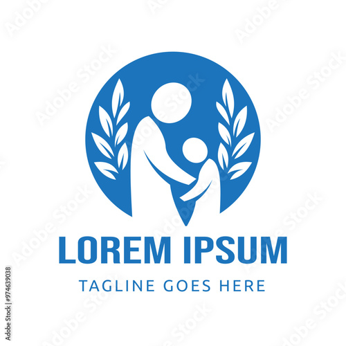 Family Symbol Design, with adults and children holding hands inside a blue circle. Surrounded by laurel leaves Vector Design Illustration
