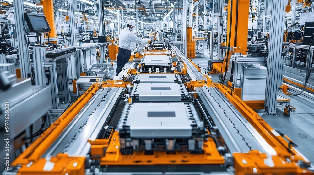 A factory setting where electric car batteries are being manufactured, focusing on the safety checks in place A factory setting where electric car batteries are being manufactured, focusing on the safety checks in place