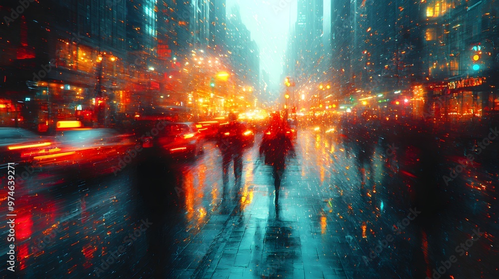 Blurred figures of people walking down a nighttime city street, illuminated by streetlights and car headlights. The 3D photography emphasizes the movement and energy Blurred figures of people walking down a nighttime city street, illuminated by streetlights and car headlights. The 3D photography emphasizes the movement and energy