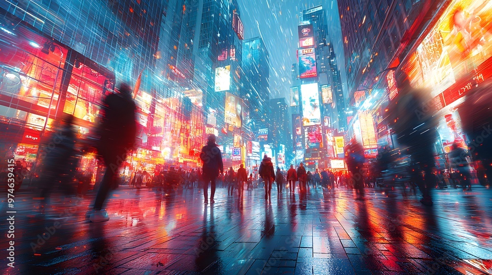 Blurred side view of people walking along a brightly lit city street at night. The 3D image brings out the dynamic motion and urban energy Blurred side view of people walking along a brightly lit city street at night. The 3D image brings out the dynamic motion and urban energy
