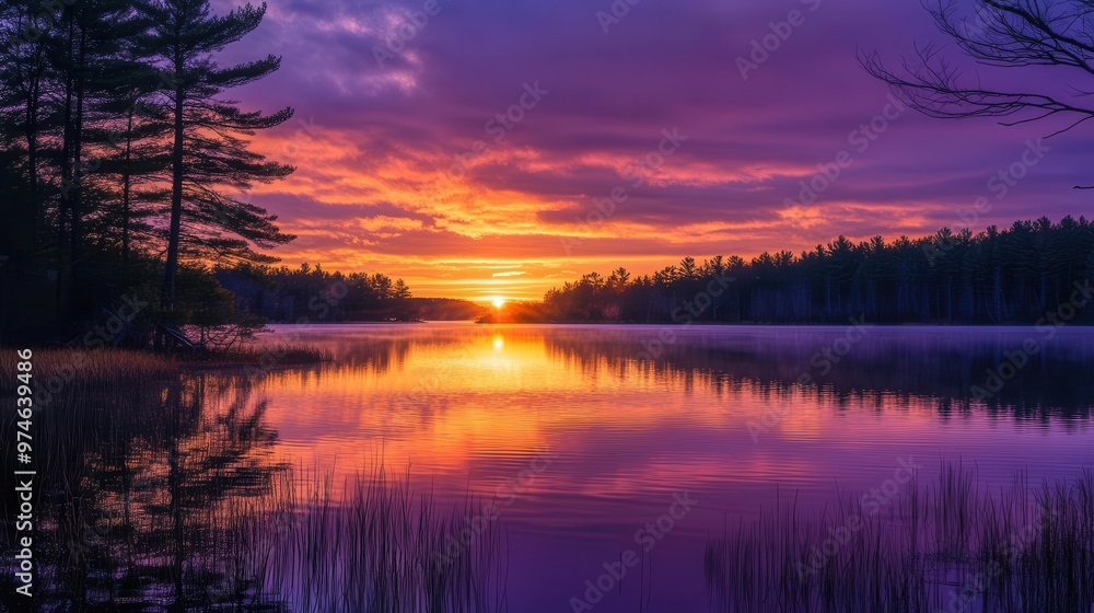 Fototapeta premium breathtaking sunset over tranquil lake vibrant orange and purple sky reflected in rippling water silhouetted trees on shoreline