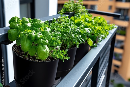 A stylish urban balcony garden with potted herbs and vegetables growing in neat, vertical rows