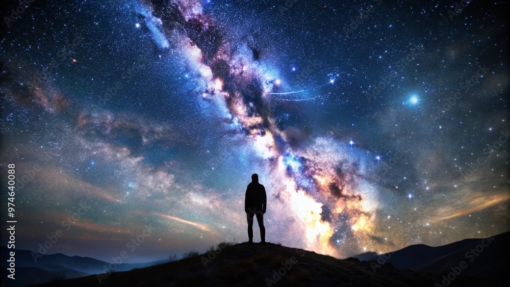 Silhouetted figure stands alone in a vast, dark landscape, gazing upward in contemplation at a breathtakingly starry night sky, lost in the cosmos' majesty. Silhouetted figure stands alone in a vast, dark landscape, gazing upward in contemplation at a breathtakingly starry night sky, lost in the cosmos' majesty.