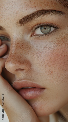 A close-up portrait of a young woman with striking freckles gazing thoughtfully at the camera