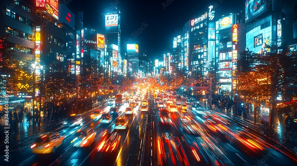 Nighttime city street with cars creating bright trails of light as they speed by. The 3D photography brings the bustling urban environment to life Nighttime city street with cars creating bright trails of light as they speed by. The 3D photography brings the bustling urban environment to life