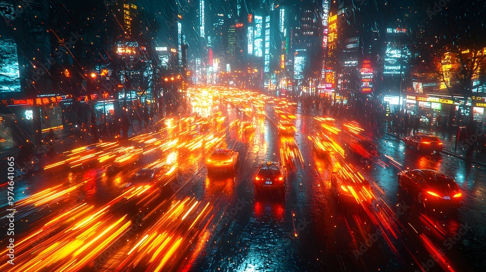 Nighttime cityscape with cars creating colorful light trails as they speed down a busy street. The 3D rendering enhances the sense of movement and energy Nighttime cityscape with cars creating colorful light trails as they speed down a busy street. The 3D rendering enhances the sense of movement and energy