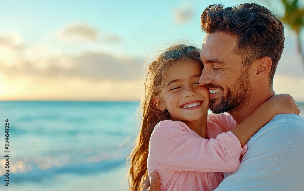 A happy Caucasian father and daughter enjoying their time at the beach during sunset.
