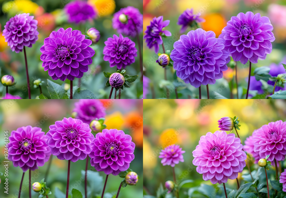 Fototapeta premium A close-up of vibrant purple dahlia flowers in full bloom, with blurred greenery and other colorful blooms in the background