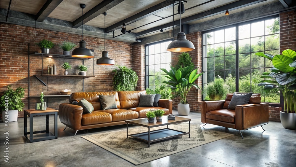 Sleek, industrial-chic living room with exposed brick, polished concrete floors, and minimalist leather furnishings, accented with metallic tones and lush greenery. Sleek, industrial-chic living room with exposed brick, polished concrete floors, and minimalist leather furnishings, accented with metallic tones and lush greenery.