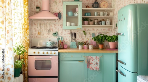 charming vintageinspired kitchen with pastelcolored appliances and retro patterns soft warm lighting enhances the nostalgic atmosphere open shelving displays quirky kitchenware and potted herbs