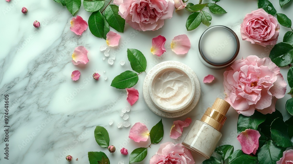 A serene arrangement of skincare products surrounded by flowers and leaves on a marble surface. A serene arrangement of skincare products surrounded by flowers and leaves on a marble surface.