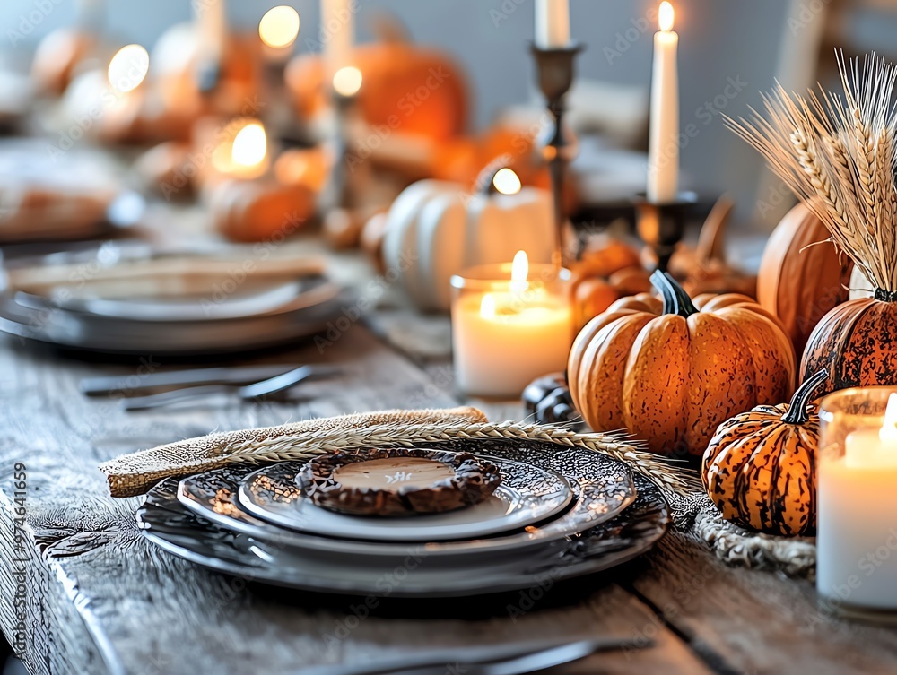 Naklejka premium Cozy table setting with candles, pumpkins, and rustic decor, perfect for autumn gatherings and festive celebrations.
