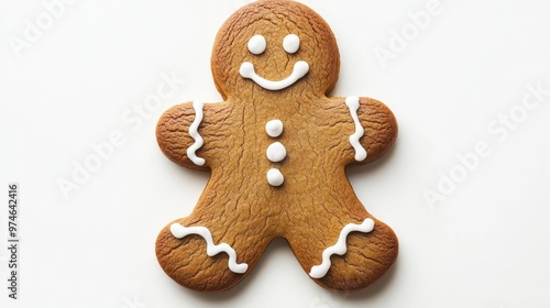 classic gingerbread man cookie isolated on white intricately decorated with royal icing details showcasing traditional holiday baking warm brown tones contrast crisp white background