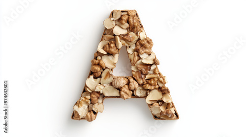 "Letter 'A' crafted from walnut shells on a white background."