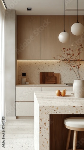 Modern kitchen design featuring earthy tones and minimal decor with decorative elements