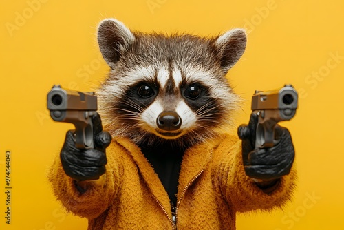 raccoon in yellow jacket holding two guns, posing against yellow background	