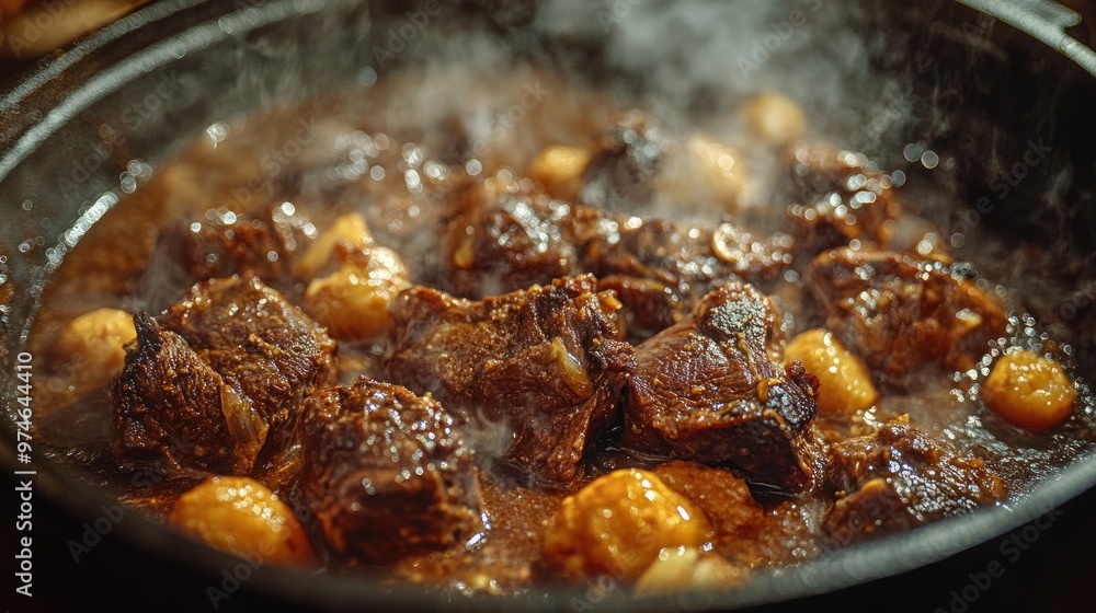 Steaming Beef Stew in a Cast Iron Pot Steaming Beef Stew in a Cast Iron Pot