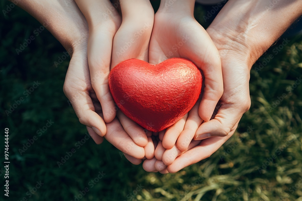 family hands holding red heart symbolizing love and care on green grass background family hands holding red heart symbolizing love and care on green grass background