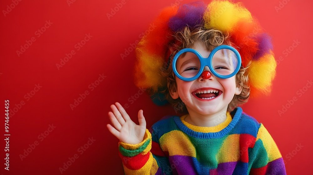 smiling boy in colorful clown costume and wig with funny glasses on red background smiling boy in colorful clown costume and wig with funny glasses on red background