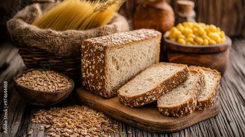 Freshly baked whole grain bread with oats, surrounded by pasta, corn, and grains on a rustic wooden table.