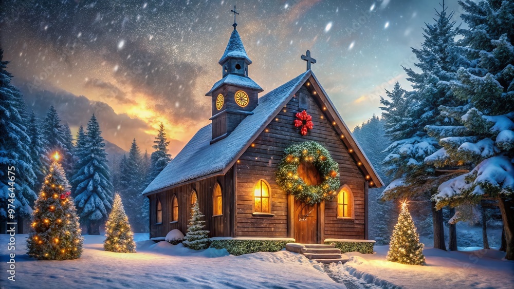 Snowflakes gently fall on a serene winter evening, illuminating a rustic church's stately facade, adorned with festive wreaths and garlands, amidst a tranquil snowy landscape. Snowflakes gently fall on a serene winter evening, illuminating a rustic church's stately facade, adorned with festive wreaths and garlands, amidst a tranquil snowy landscape.