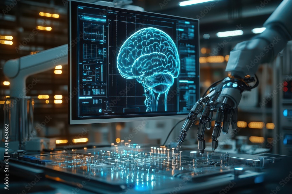futuristic medical lab holographic brain scans hovering above examination table robotic arms assisting focused doctor analyzing intricate neural pathways futuristic medical lab holographic brain scans hovering above examination table robotic arms assisting focused doctor analyzing intricate neural pathways